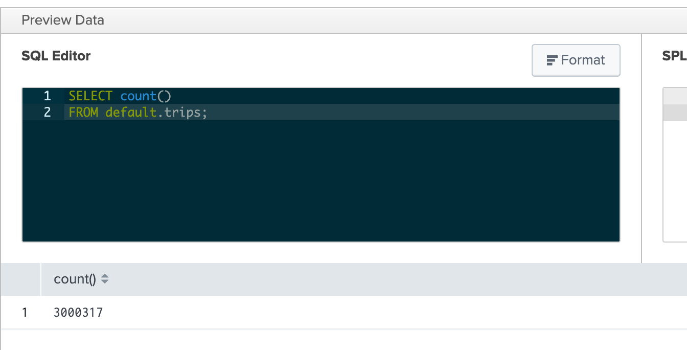 trips 테이블의 레코드 수를 ��표시하는 Splunk SQL 쿼리 실행 화면